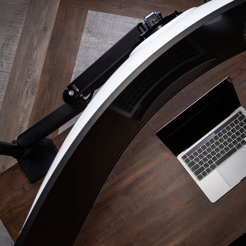 ULTRARM monitor arm and Moodular wooden monitor stand — modular, ergonomic, and designed for VISION ultrawide monitors. Enhances comfort, saves space, and elevates your workspace with precision craftsmanship.